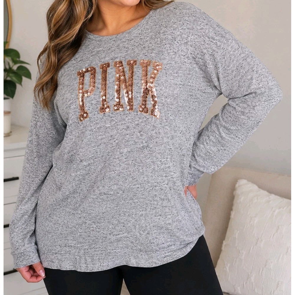 Victoria's Secret PINK Gray Sequin Logo Long Sleeve Shirt Womens